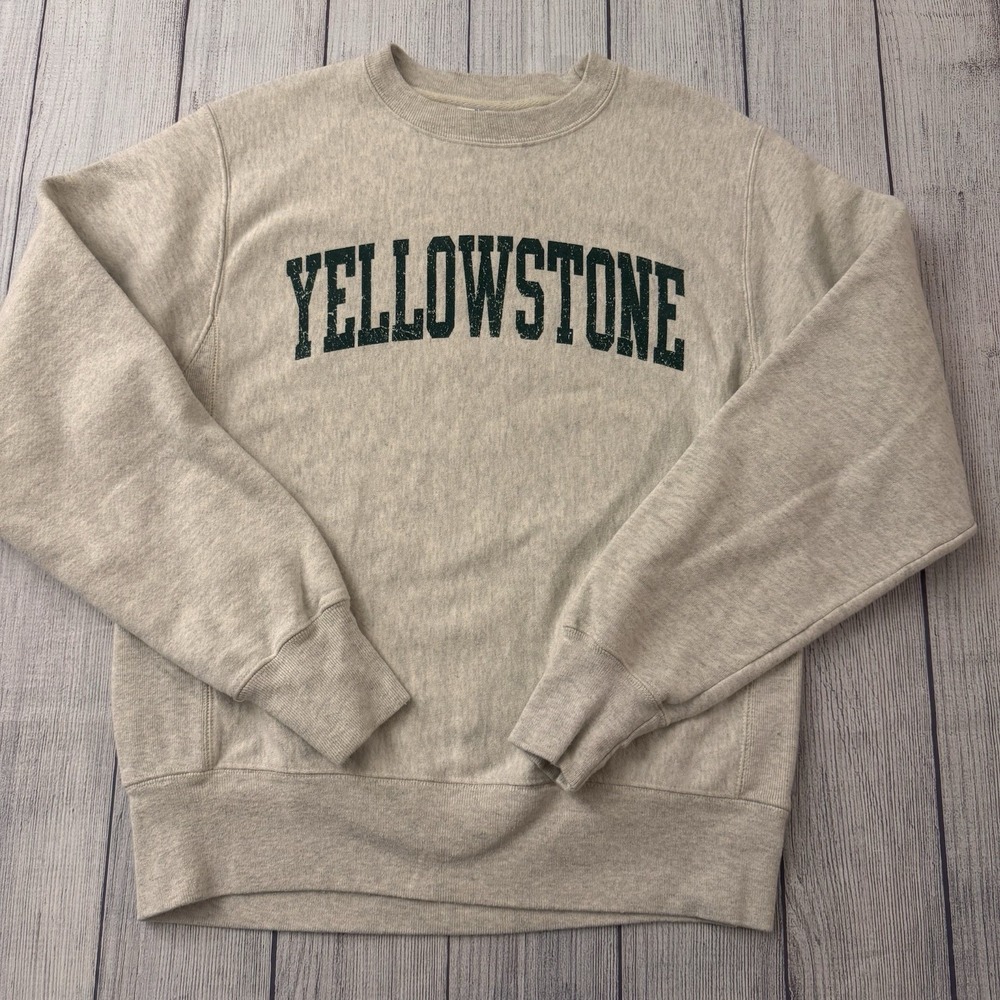 Champion Reverse Weave Yellowstone Crewneck Sweatshirt Oatmeal Small Spell Out